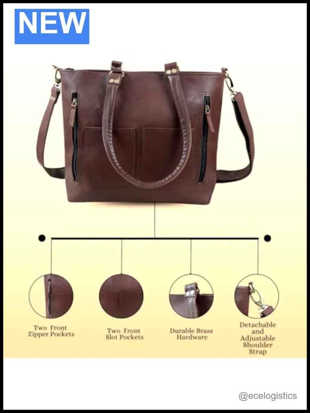 Genuine Leather Handmade Tote Bag with Zip Pockets & Crossbody Strap